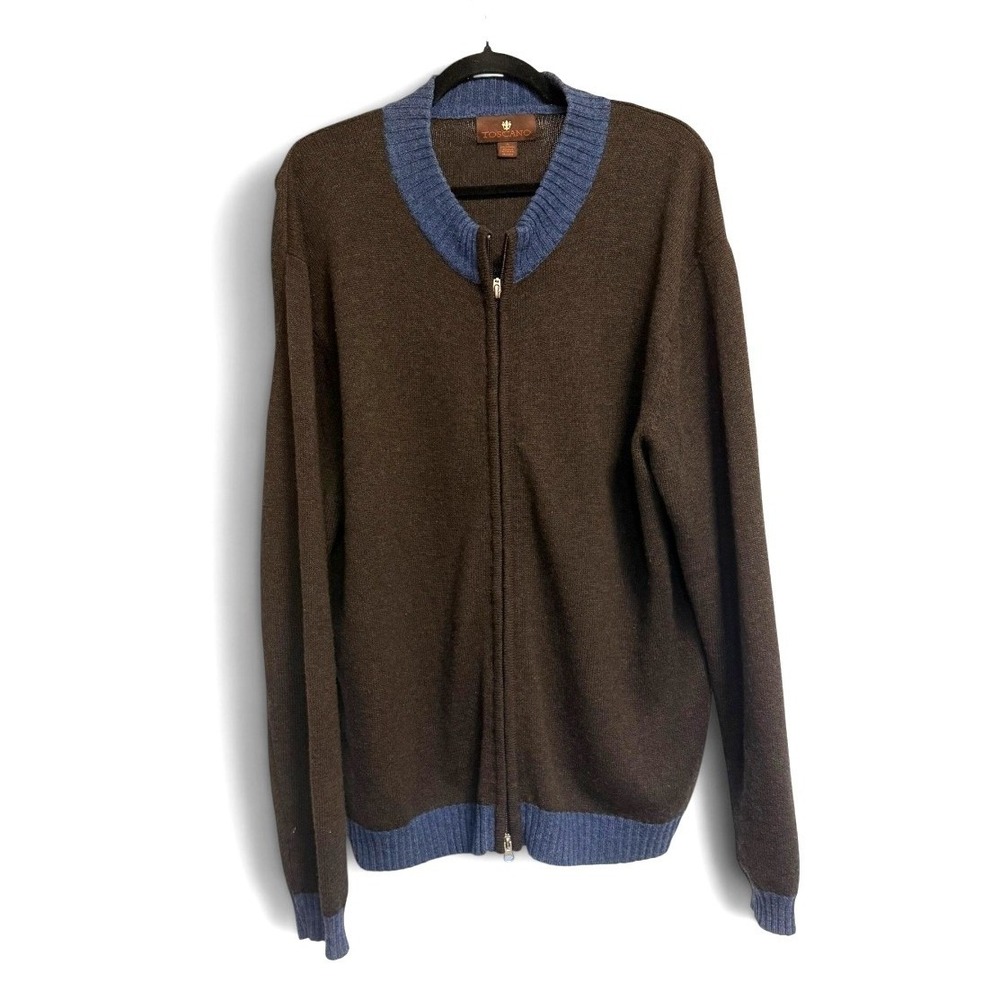 Toscano Mens XL Lambswool Blend Full Zip Cardigan Sweater Brown Blue Mock Neck